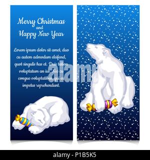 Doppelte senkrechte Karte mit Snow Bear mit Süßigkeiten. Skizze für Grußkarten, festliche Poster oder Party Einladung mit Platz für Ihren Text. Die Attribute von Weihnachten und das neue Jahr. Vector Illustration Stock Vektor