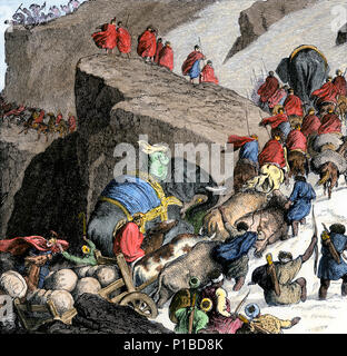 Hannibals Armee der Alpen Rom zu erobern, 218 v. Chr.. Hand - farbige Holzschnitt Stockfoto