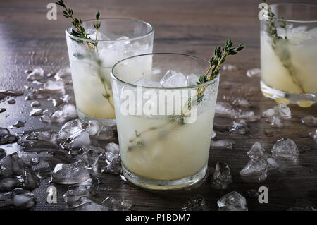 Cocktail auf der Basis von Gin, Zitronensaft oder Limettensaft und Noten von Thymian. Verwöhnen Sie sich mit einem erfrischenden Cocktail Stockfoto