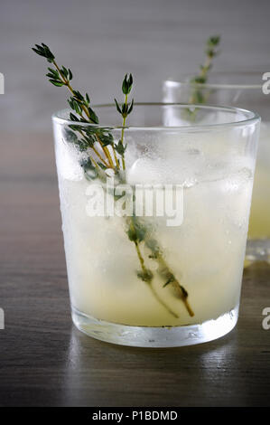 Cocktail auf der Basis von Gin, Zitronensaft oder Limettensaft und Noten von Thymian. Verwöhnen Sie sich mit einem erfrischenden Cocktail Stockfoto