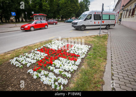 VINKOVCI KROATIEN - 14. MAI 2018: ein rotes Kreuz Zeichen von Blumen vor dem Roten Kreuz Gebäude in Vinkovci Kroatien gesetzt. Stockfoto