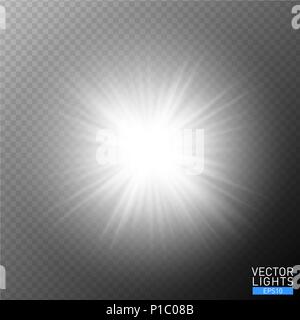 Weiß glühende Licht burst Explosion auf transparenten Hintergrund. Vector Illustration Lichteffekt Dekoration mit Strahlen. Hellen Stern. Durchscheinend Glanz Stock Vektor