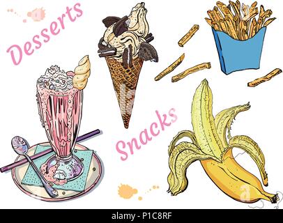 Snacks und Desserts: Milchshake, Eis, Banane, Pommes frites. Auf weissem Hintergrund. Vintage skizzenhaften Stil Vector Illustration gezeichnet. Essen, Cafe, Menü, köstlich süße Sommer. Stock Vektor