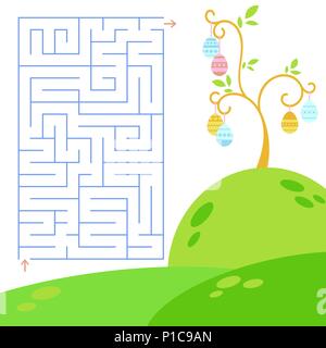 Abstrakte farbige einfach isoliert Labyrinth. Blaue Farbe auf weißem Hintergrund. Vor dem Hintergrund der Ostern Baum mit Eiern. Ein interessantes Spiel Stock Vektor