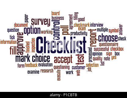 Checkliste, Word cloud Konzept auf weißem Hintergrund. Stockfoto