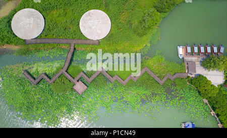 Suzh, Suzh, China. 11 Juni, 2018. Suzhou, China, 11. Juni 2018: See Tai oder Lake Taihu ist ein großer Süßwassersee im Jangtse-delta Ebene. Der See gehört zu Jiangsu und dem südlichen Ufer bildet seine Grenze mit Zhejiang. Mit einer Fläche von 2.250 km2 (869 sq mi) und einer durchschnittlichen Tiefe von 2 m (6.6 ft), ist es das drittgrößte Süßwassersee in China, nach Poyang und Dongting. Der See beherbergt rund 90 Inseln, die in der Größe von ein paar Quadratmetern auf mehreren Quadratkilometern. Credit: SIPA Asien/ZUMA Draht/Alamy leben Nachrichten Stockfoto