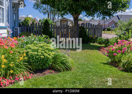 Blumenbeet und Gewächshaus in einem Vorort Garten. Stockfoto