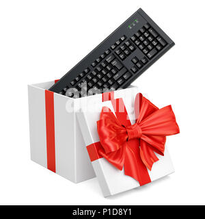 Geschenkbox mit kabelloser Tastatur, 3D-Rendering auf weißem Hintergrund Stockfoto