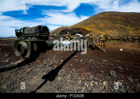 Us-Marines Bravo Batterie zugewiesen, "Schwarze Schafe", 1.BATAILLON 12 Marine Regiment, bereitet die M777A2 Howitzer während einer direkten Brand Übung, Teil der Lava Viper 17.1 auf Feuer, auf Palette 13 an Bord des Pohakuloa Training Area, auf der grossen Insel von Hawaii, Okt. 16, 2016. Lava Viper ist eine jährliche kombinierte Waffen Training, dass Elemente wie Infanterie und Logistik integriert, mit indirekter Feuer von Artillerie sowie Unterstützung aus der Luft aus der Luft Element. (U.S. Marine Corps Foto von Cpl. Ricky S. Gomez) Stockfoto