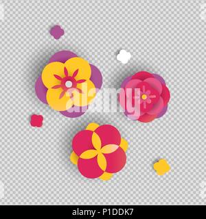 Papier Blume auf transparentem Hintergrund gesetzt. Isolierte 3d-papercut rosa Blüten in rosa Farbe. EPS 10 Vektor. Stock Vektor