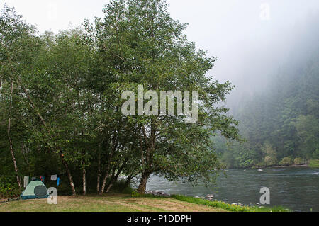 Ein Zelt aufgeschlagen neben der North Fork des Santiam River, Oregon. Stockfoto
