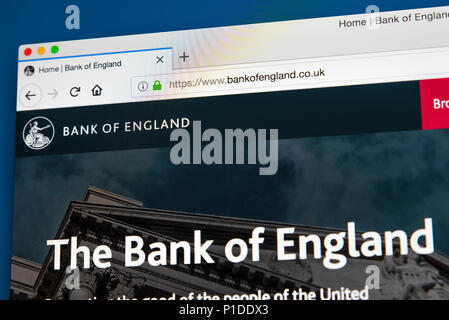 LONDON, UK, 23. Mai 2018: Die Homepage der Offizielle Website der Bank von England - die Zentralbank des Vereinigten Königreichs am 23. Mai 2018. Stockfoto