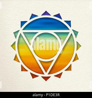 Vishuddha, 5 Hals- Chakra Abbildung in Papier schneiden Stil. Bunte Aquarell Hintergrund, Yoga Form. EPS 10 Vektor. Stock Vektor