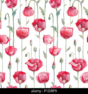 Aquarell Mohnblumen. Hand nahtlose Muster gezeichnet Stockfoto