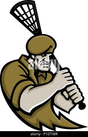 Maskottchen Symbol Abbildung: Büste eines Commando oder Elite leichte Infanterie oder Special forces Soldat mit lacrosse Stick von vorne auf dem isolierten Bac gesehen Stock Vektor