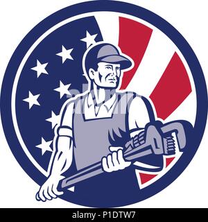 Symbol Retro Stil Abbildung eines amerikanischen Klempner und Pipefitter holding Monkey Wrench mit den Vereinigten Staaten von Amerika USA Star Spangled Banner oder s Stock Vektor