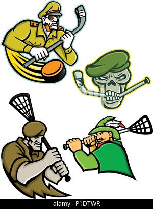 Maskottchen Symbol Abbildung von lacrosse und Eishockey Militär und Krieger Maskottchen einer Armee allgemein, Green Beret Schädel, grüne Bogenschütze und Commando Stock Vektor