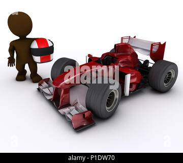 3D-Render von Morph Mann mit offenen Rädern Rennwagen Stockfoto