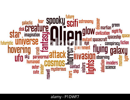 Alien, Word cloud Konzept auf weißem Hintergrund. Stockfoto