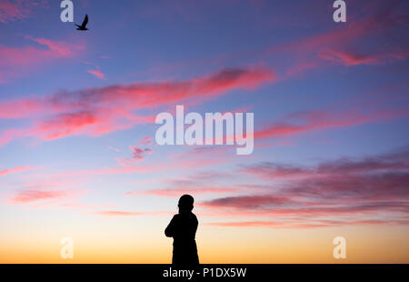 Ansicht der Rückseite Frau gegen Sonnenuntergang als Silhouette Vogel overhead fliegt: psychische Gesundheit, weibliche Depression, positives Denken... Konzept Bild Stockfoto