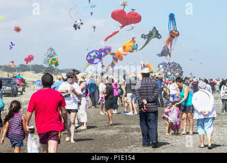 Otaki, Neuseeland - 5. März, 2016: Personen, die die jährliche Otaki Kite Festival im Sommer auf der schönen Kapiti Küste von Neuseeland statt. Stockfoto