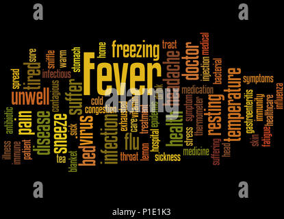 Fieber, Word cloud Konzept auf schwarzem Hintergrund. Stockfoto