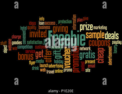 Werbegeschenk, Word cloud Konzept auf schwarzem Hintergrund. Stockfoto