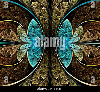 Mehrfarbige symmetrische Fraktal-Muster als Blume oder Schmetterling in Buntglas-Fenster-Stil. Computergenerierte Grafiken. Stockfoto