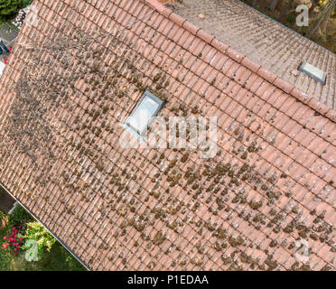 Überflug der Dach eines Einfamilienhauses den Zustand der Dachziegel, Luftaufnahme mit Drohne zu prüfen. Stockfoto