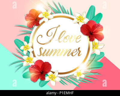 Abstrakte Sommer tropischen Hintergrund mit grünen Palmen Blättern und roten Hibiskus Blumen. Ich liebe Sommer Schriftzug. Stockfoto