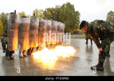 Eine portugiesische Soldat, rechts, wirft einen Molotow- Cocktail auf albanische Soldaten des 3 Infanteriekompanie, 2 Infanterie Bataillon während der Durchführung Feuer Phobie Ausbildung während der Kosovo Force (KFOR) Mission rehearsal Übung (MRE) am Joint Multinational Readiness Center in Hohenfels, Deutschland, Okt. 22, 2016. Der Kosovo Force (KFOR) 22 Mission Rehearsal Übung wurde entwickelt, um der US-Armee 37th Infantry Brigade Combat Team, Ohio Army National Guard, für Maßnahmen zur Unterstützung der NATO im Kosovo vorzubereiten. (U.S. Armee Foto von Pfc. Rachel Wilridge) Stockfoto