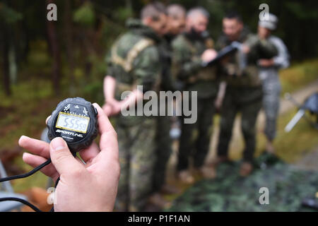 Spanische Soldaten führen die Munition Problemlösung Lane während die besten europäischen Sniper Squad Wettbewerb an der 7. Armee den Befehl, Grafenwöhr Training Area, Bayern, Deutschland, Okt. 25, 2016. Die Europäische beste Sniper Squad-Wettbewerb ist eine Armee Europa Konkurrenz, anspruchsvolle Militärs aus ganz Europa zu konkurrieren und die Zusammenarbeit mit Verbündeten und Partner Nationen verbessern. (U.S. Armee Foto von visuellen Informationen Spezialist Gertrud Zach) Stockfoto