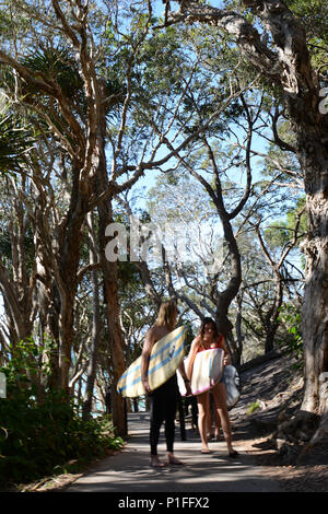 Wanderer und Surfer auf dem Coastal Trail in Noosa Nationalpark in Queensland. Stockfoto