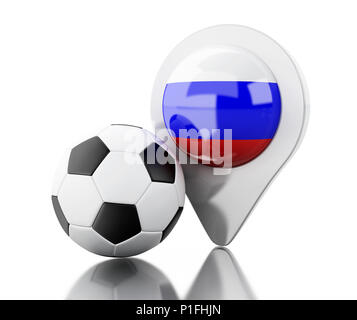 3D-Darstellung. Fußball und Russland Flagge Kartenzeiger. Sport Konzept. Isolaed weißen Hintergrund. Stockfoto