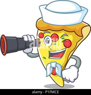 Sailor mit Fernglas pizza Maskottchen Karikatur Stock Vektor