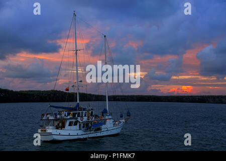 Segelboot bei Sonnenaufgang in Great Darwin Bay, Genovesa Island Nationalpark Galapagos, Ecuador Stockfoto