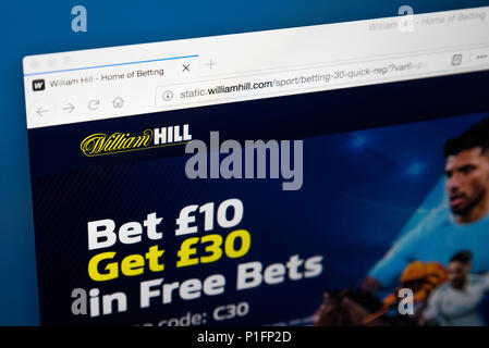 LONDON, Großbritannien - 17.Mai 2018: Die Homepage der offiziellen Website von William Hill plc - die Buchmacher in London, England, am 17. Mai 2018. Stockfoto