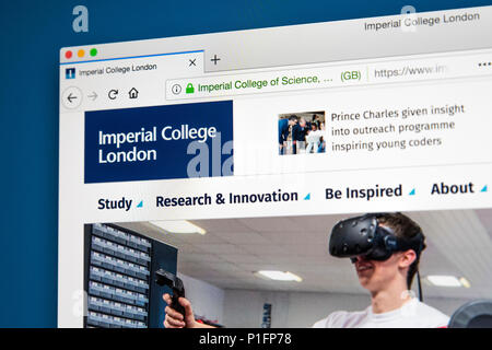 LONDON, UK, 17. Mai 2018: Die Homepage der offiziellen Website des Imperial College London - eine öffentliche Forschungseinrichtung Universität in London, am 17. Stockfoto