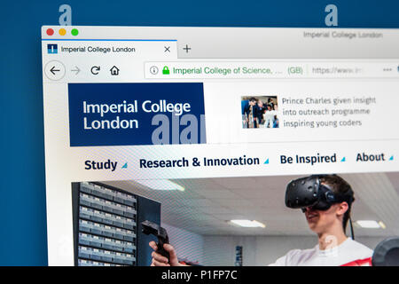 LONDON, UK, 17. Mai 2018: Die Homepage der offiziellen Website des Imperial College London - eine öffentliche Forschungseinrichtung Universität in London, am 17. Stockfoto