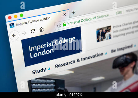 LONDON, UK, 17. Mai 2018: Die Homepage der offiziellen Website des Imperial College London - eine öffentliche Forschungseinrichtung Universität in London, am 17. Stockfoto