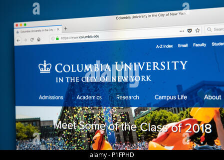 LONDON, Großbritannien - 17.Mai 2018: Die Homepage der offiziellen Website der Columbia University - ein eigenes Ivy League Forschung Universität in Upper Manhattan Stockfoto