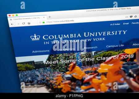 LONDON, Großbritannien - 17.Mai 2018: Die Homepage der offiziellen Website der Columbia University - ein eigenes Ivy League Forschung Universität in Upper Manhattan Stockfoto