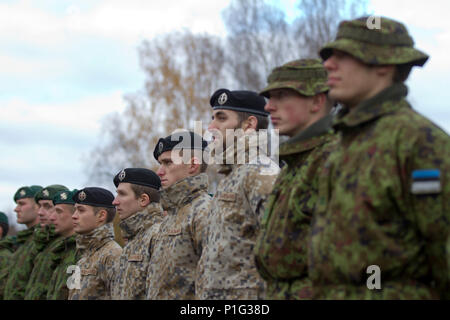 (Von links nach rechts) der litauischen, lettischen und estnischen Soldaten stehen in der Ausbildung für die Abschlussfeier der übung Silver Arrow Okt. 31, 2016 in Adazi, Lettland. Der Service Mitglieder beteiligen, die in der übung Silberpfeil. Silver Arrow ist ein zwei-wöchigen Lettische led-Übung, die ausländische Streitkräfte Einheiten verbindet, um Beziehungen zu entwickeln und die Nutzung der Alliierten und Partner nation Fähigkeiten Erhaltung des Friedens durch die Kraft. Die Übung ist Teil der Operation Atlantic lösen, eine in den USA führen in Osteuropa durchgeführt werden US-Engagement für die kollektive Se zu demonstrieren Stockfoto