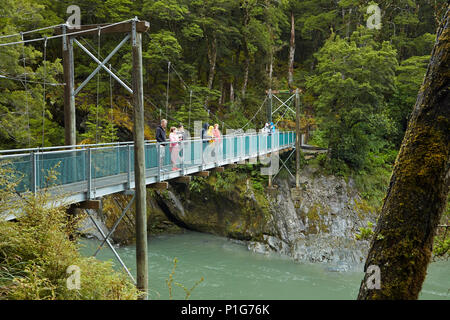 Touristen auf Fußgängerbrücke über Blue River, Blue Pools, Mount Aspiring National Park, den Haast Pass, in der Nähe der Makarora, Otago, Südinsel, Neuseeland Stockfoto