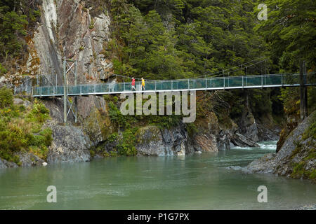 Touristen auf Fußgängerbrücke, Blue River, Blue Pools, Mount Aspiring National Park, den Haast Pass, Makarora, Otago, Südinsel, Neuseeland (Model Released) Stockfoto