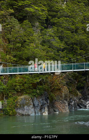 Touristen auf Fußgängerbrücke, Blue River, Blue Pools, Mount Aspiring National Park, den Haast Pass, Makarora, Otago, Südinsel, Neuseeland (Model Released) Stockfoto