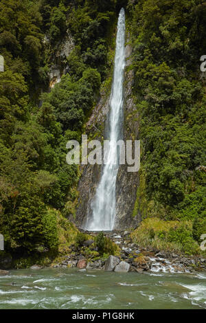 Thunder Creek Falls & Haast River, den Haast Pass, Mt Aspiring National Park, West Coast, South Island, Neuseeland Stockfoto