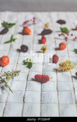 In der Nähe von Mulberry Obst und Erdbeeren, frische Beeren Obst und Minze auf weißem Stoff. Stockfoto