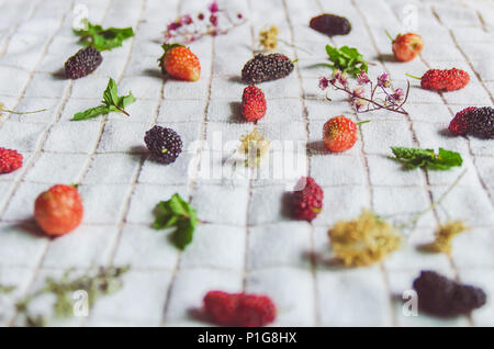 In der Nähe von Mulberry Obst und Erdbeeren, frische Beeren Obst und Minze auf weißem Stoff. Stockfoto