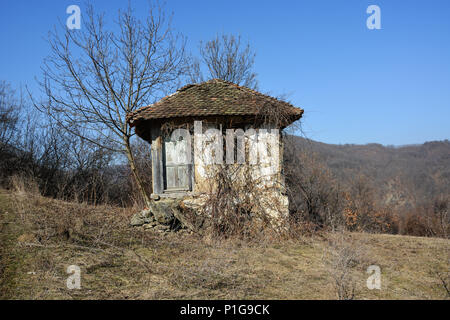 19. Jahrhundert altes Haus in den Wald aus Ton Fliesen, Ziegel und Schlamm. Letzte Besitzer starb im Jahr 1953. In der Mitte des Waldes, ohne Eigentümer. Stockfoto